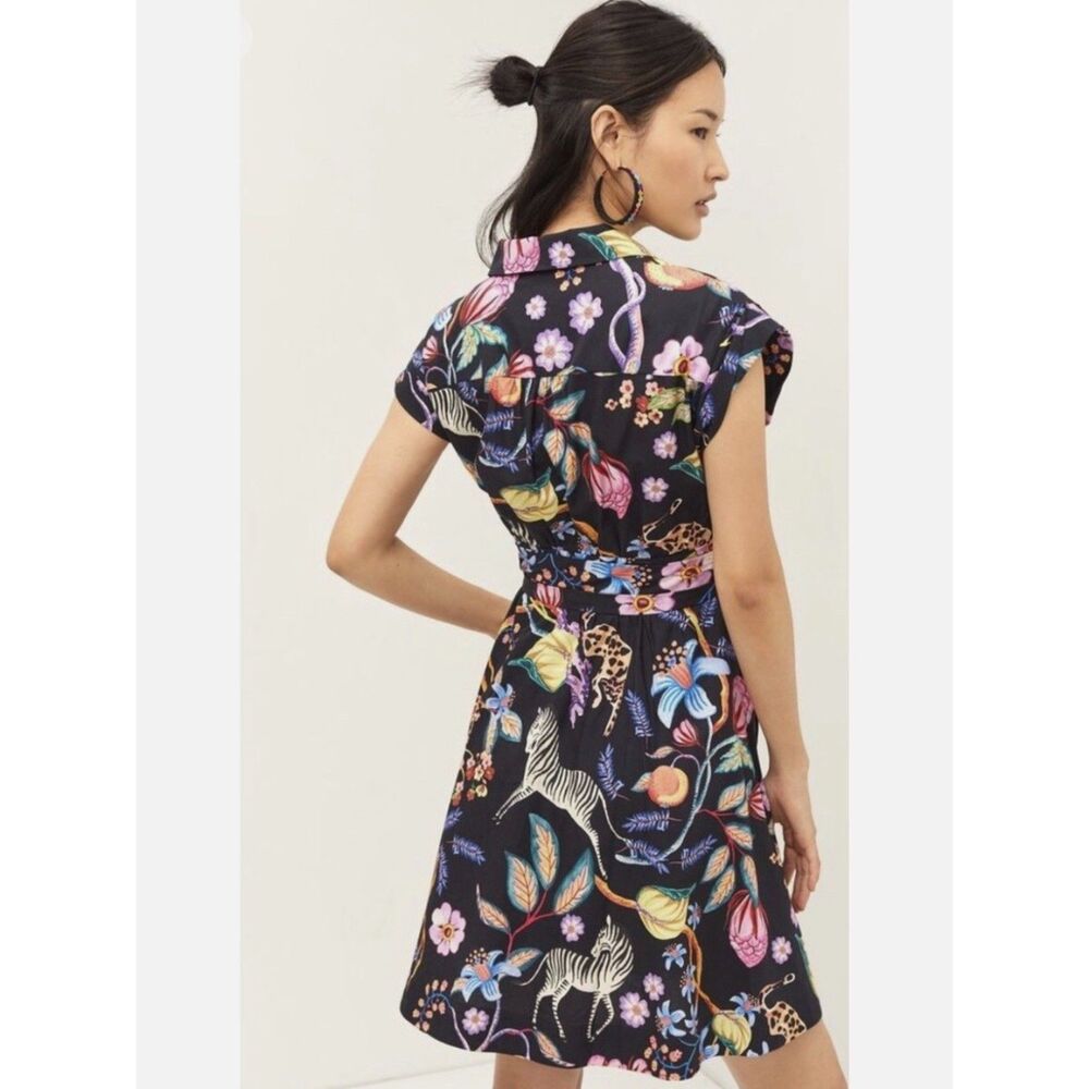 Maeve Anthropologie Flora Fauna Menagerie Print 100% Cotton Mini Dress Sz 0 - Picture 7 of 15